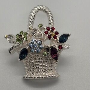 Napier Flower Basket Brooch Silver Tone Multi Color Rhinestone Floral Design